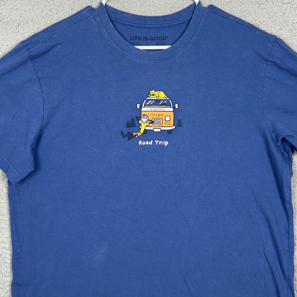 Life is Good T-Shirt Women Large Road Trip Van Blue Graphic Tee Short Sleeve EUC